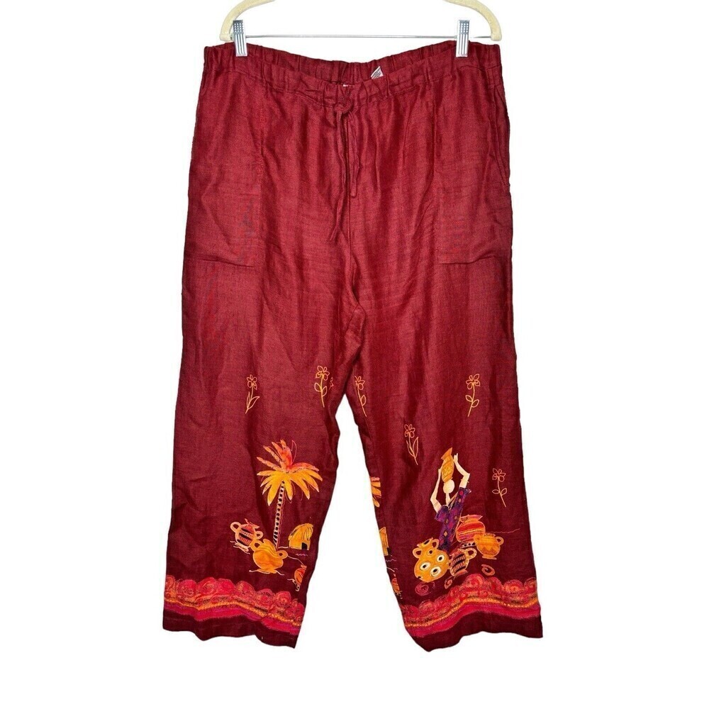 Chico's 2 Womens Palazzo Maroon 100% Linen Lounge Pants Sz Large Native Pottery